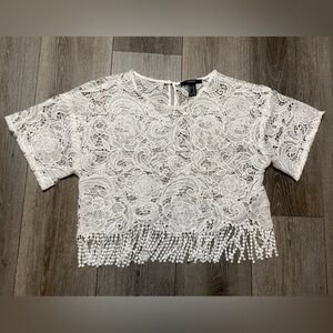 Forever 21 White Lace Cropped Top with Beaded Fringe